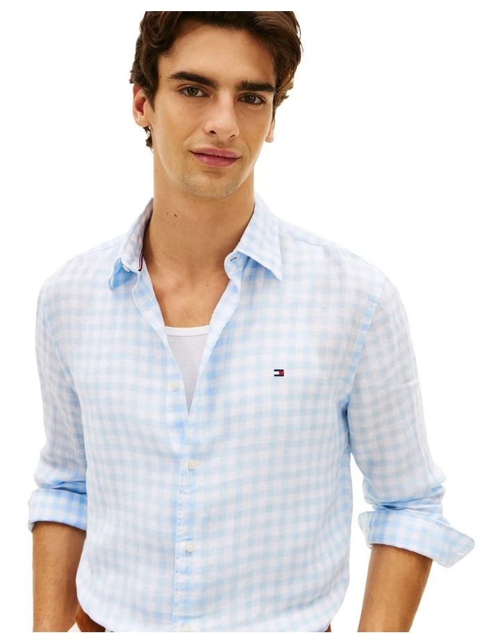 Regular Fit Gingham Check Pure Linen Shirt in Blue image 2