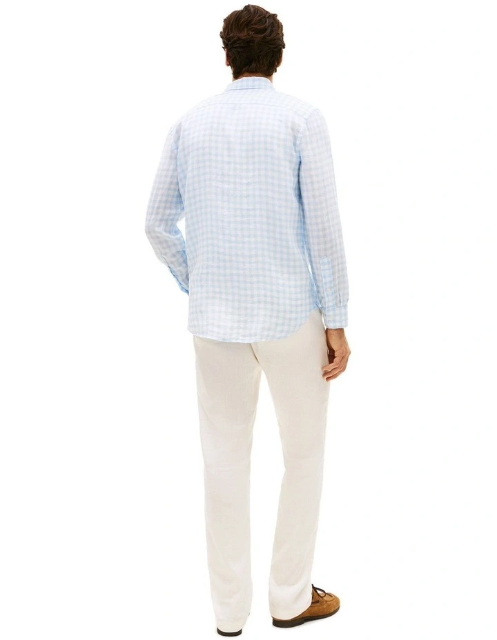 Regular Fit Gingham Check Pure Linen Shirt in Blue image 3