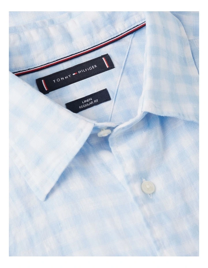 Regular Fit Gingham Check Pure Linen Shirt in Blue image 5