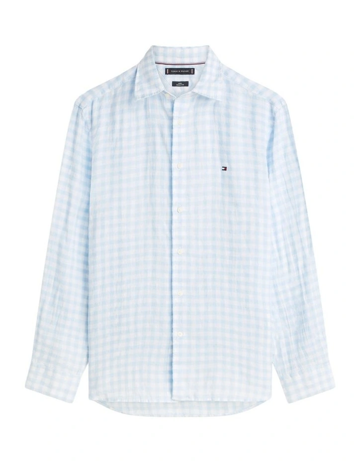 Regular Fit Gingham Check Pure Linen Shirt in Blue image 6