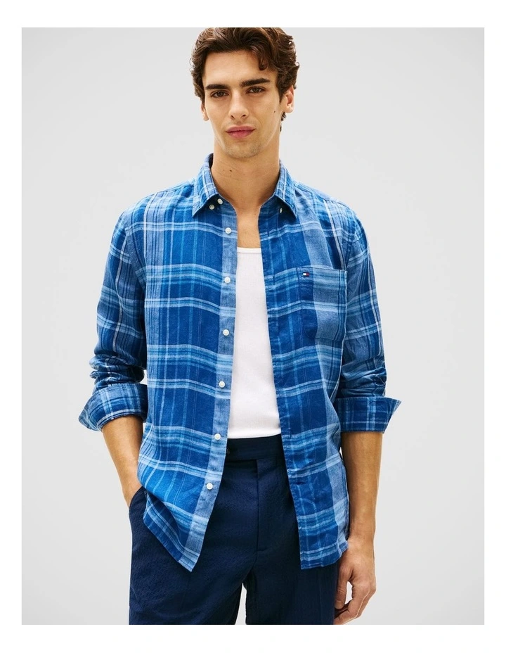 Regular Fit Madras Check Pure Linen Shirt in Blue image 1