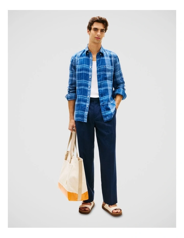 Regular Fit Madras Check Pure Linen Shirt in Blue image 3