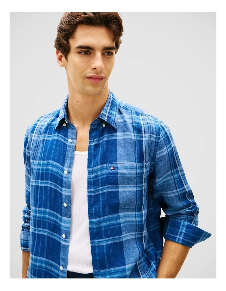 Regular Fit Madras Check Pure Linen Shirt in Blue image 4