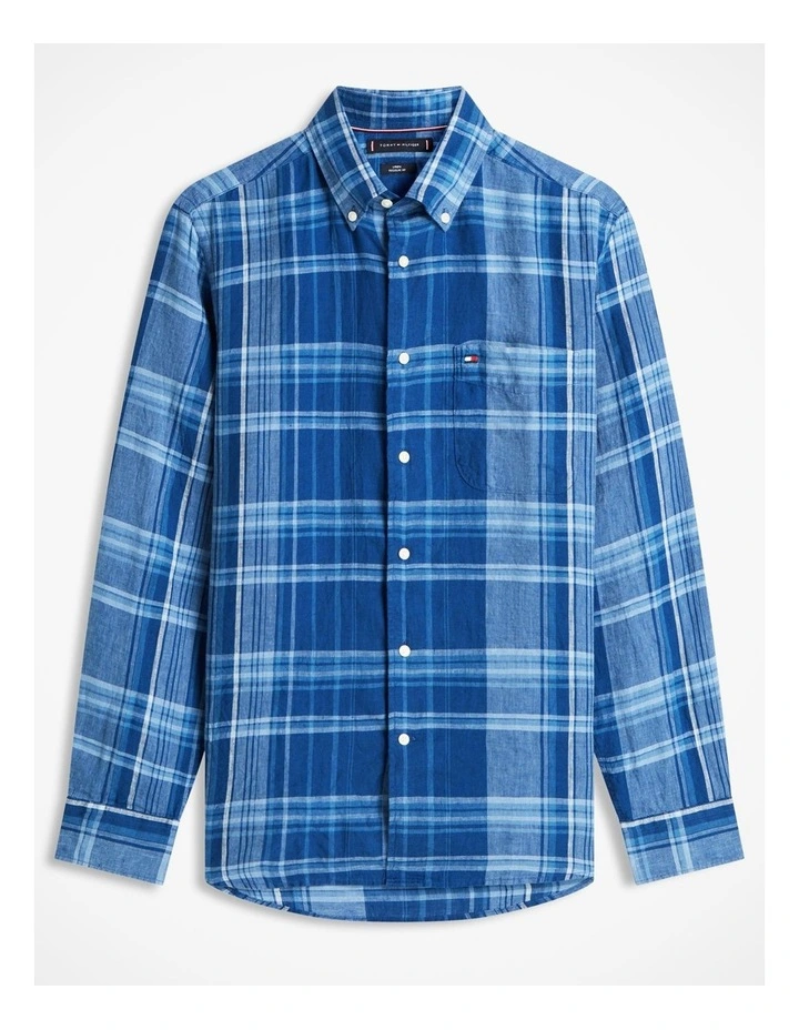 Regular Fit Madras Check Pure Linen Shirt in Blue image 7