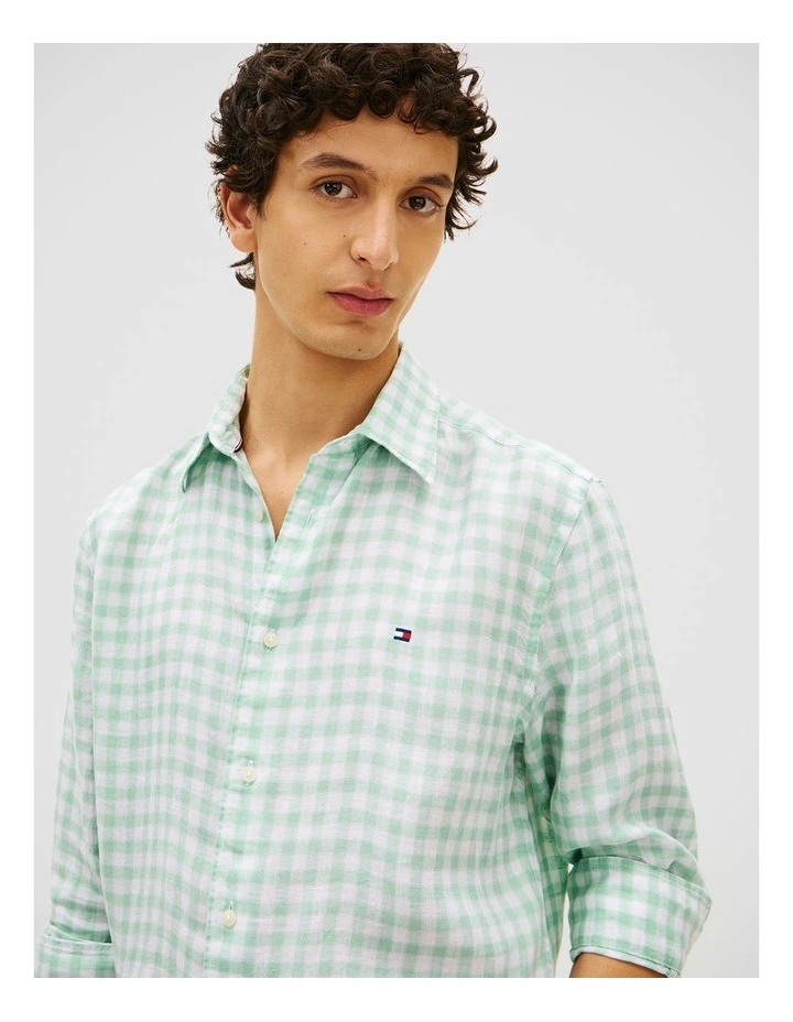 Regular Fit Pure Linen Shirt in Green Gingham Check image 4
