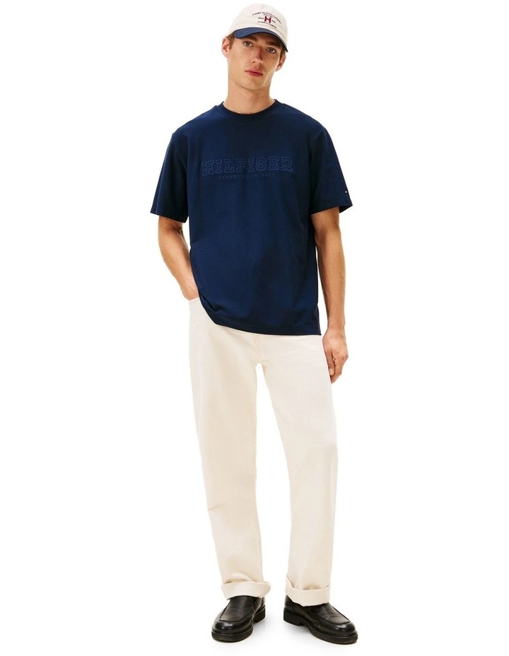 Logo Embroidery Relaxed Crew Neck T-shirt in Navy image 4