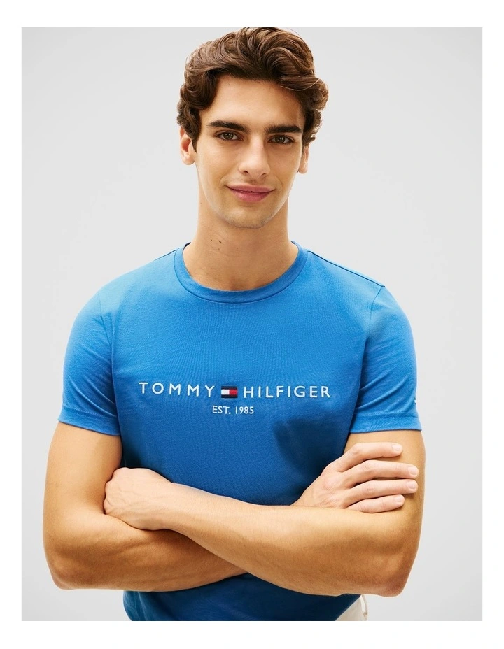 Logo Embroidery Slim T-Shirt in Blue image 4