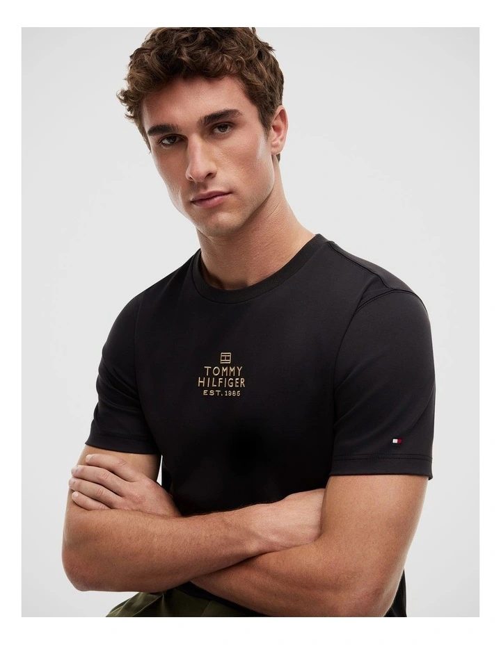 Tonal Logo Embroidery Interlock Knit T-Shirt in Black image 4