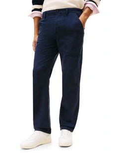 Washed Textured Sateen Utility Trousers in Green