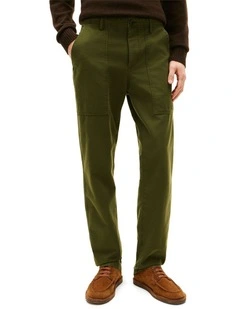 Washed Textured Sateen Utility Trousers in Green