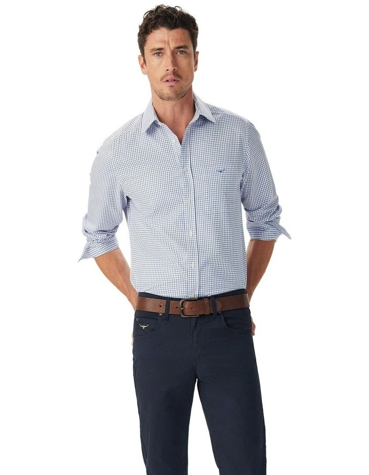 Brunswick Twill Check Long Sleeve Shirt in White Blue image 1