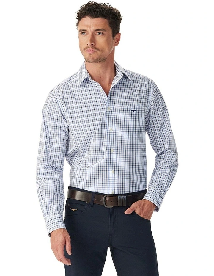 Newland Poplin Check Long Sleeve Shirt in Navy image 3