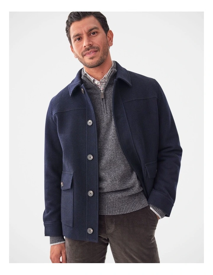 Wool Button Front Jacket in Navy image 3