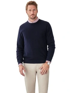 Cotton Textured Crew Knit in Navy