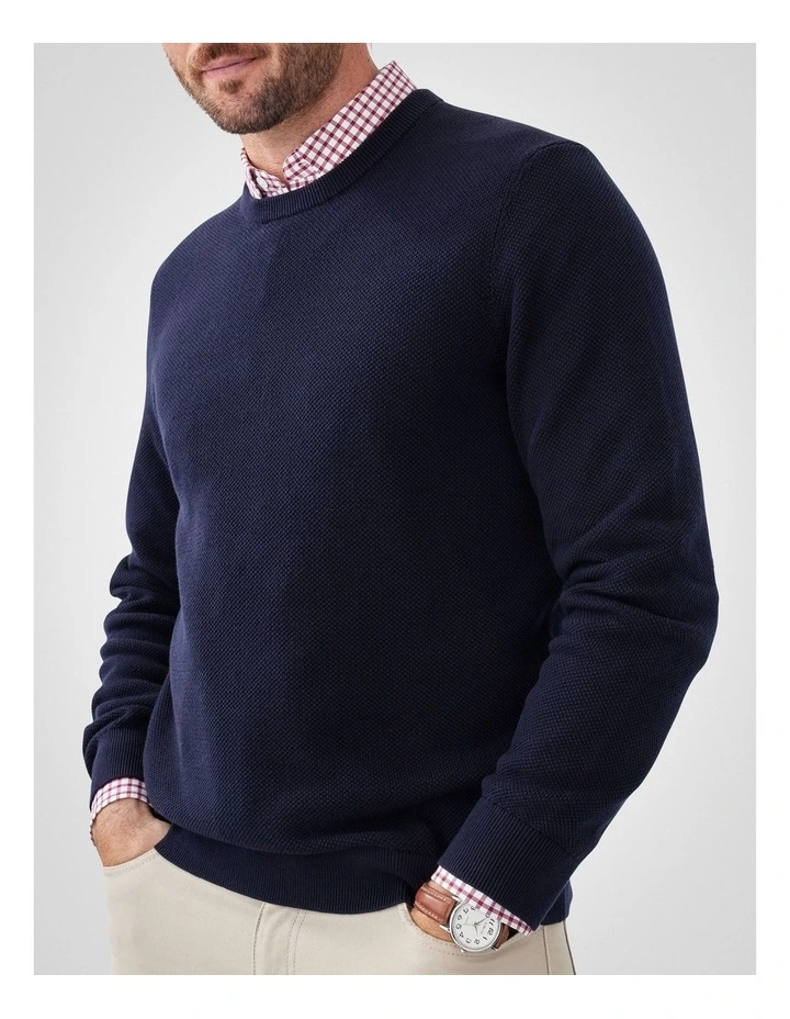 Cotton Textured Crew Knit in Navy image 3