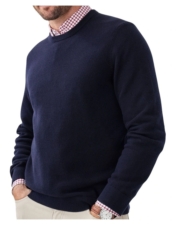 Cotton Textured Crew Knit in Navy image 3