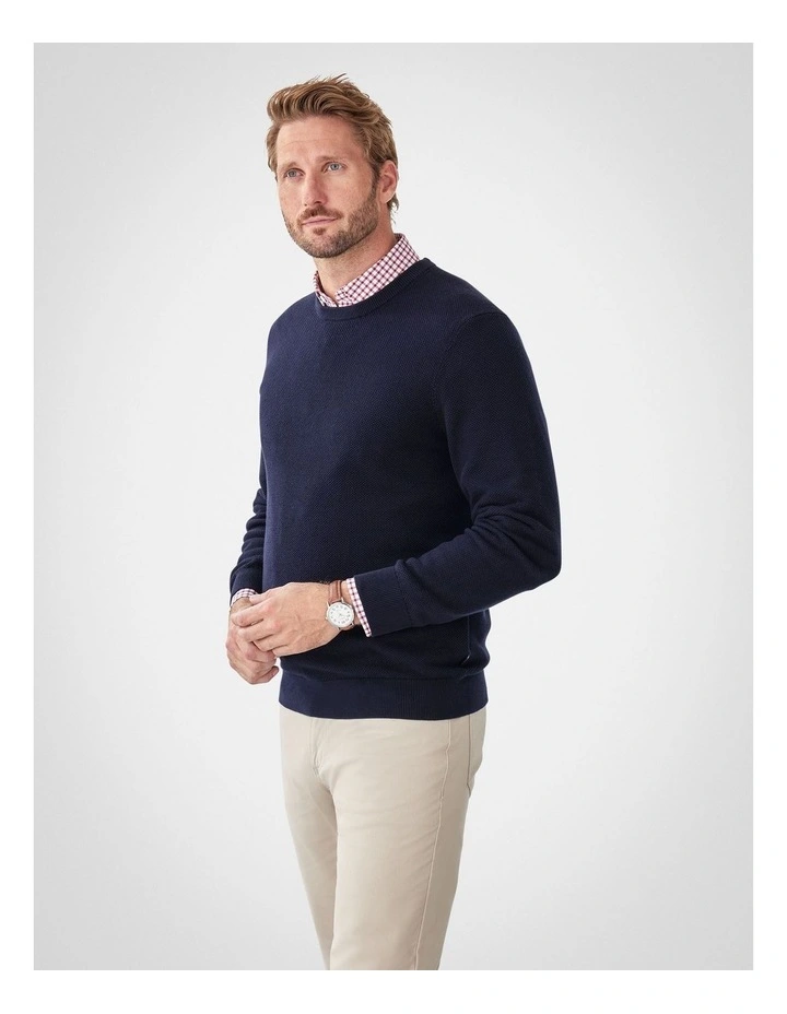 Cotton Textured Crew Knit in Navy image 4