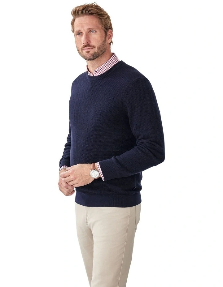 Cotton Textured Crew Knit in Navy image 4