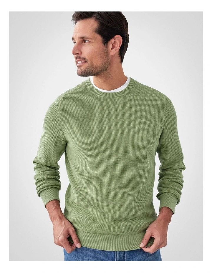 Cotton Textured Crew Knit in Light Green image 3