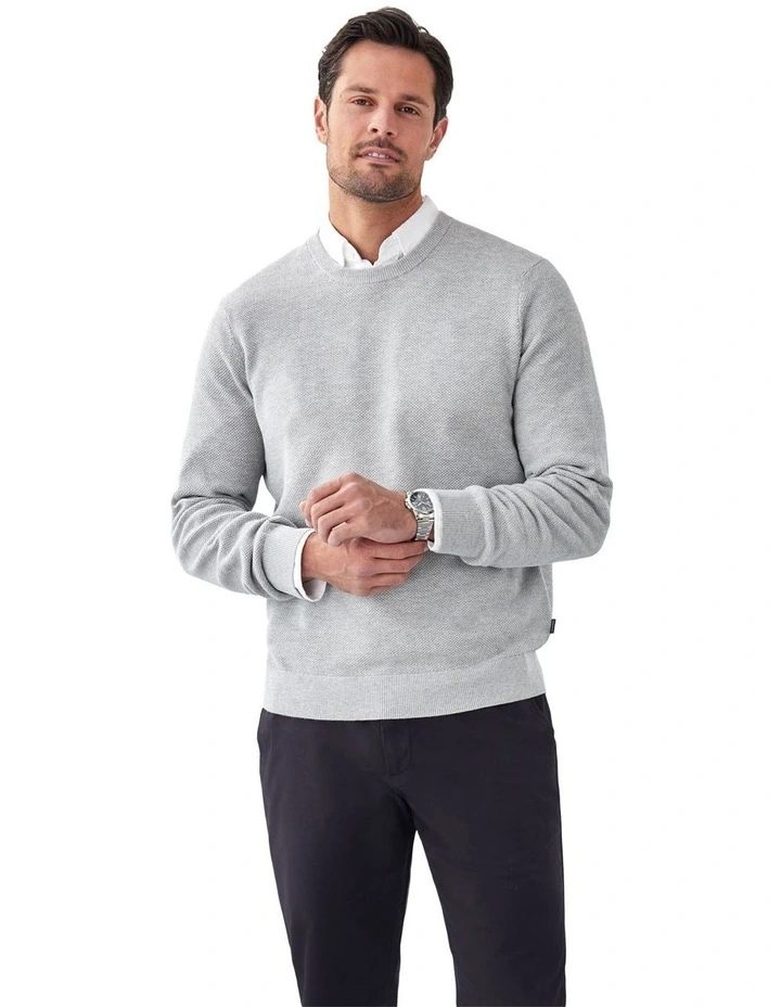 Cotton Textured Crew Knit in Light Grey image 1