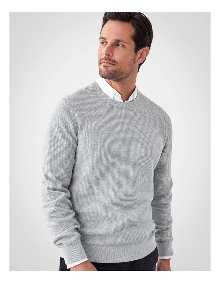Cotton Textured Crew Knit in Light Grey image 3