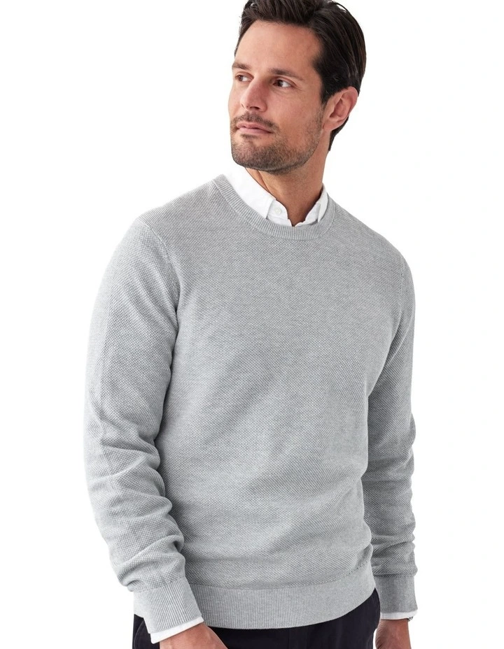Cotton Textured Crew Knit in Light Grey image 3