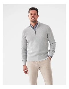 Cotton Waffle Half Zip Jumper in Grey Melange