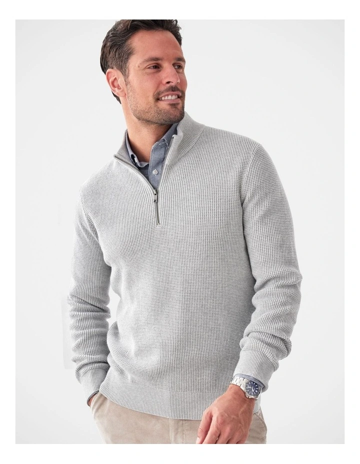 Cotton Waffle Half Zip Jumper in Grey Melange image 3