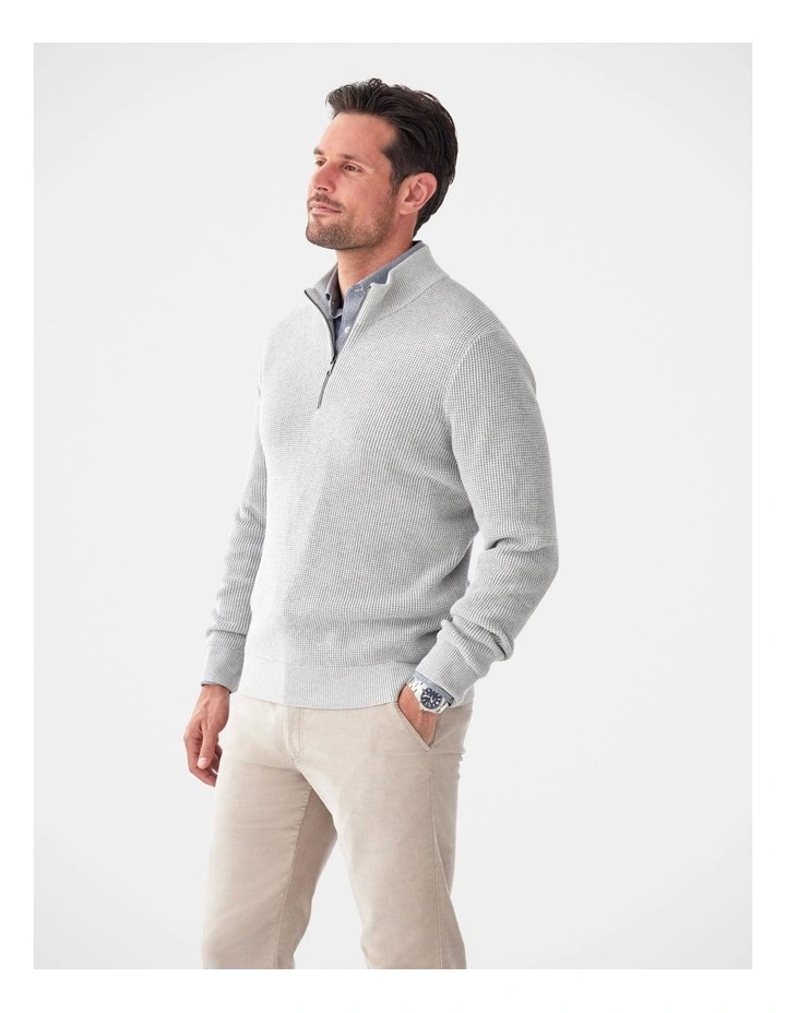 Cotton Waffle Half Zip Jumper in Grey Melange image 4