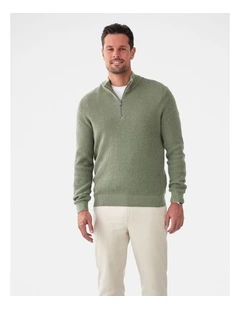 Cotton Waffle Half Zip Sweater in Sage