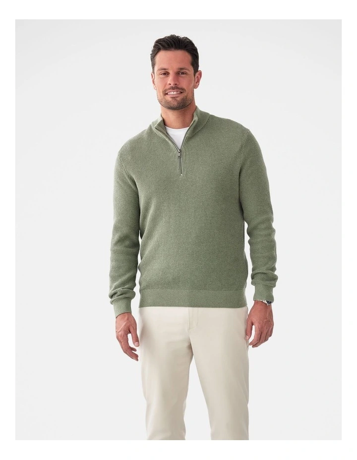 Cotton Waffle Half Zip Sweater in Sage image 1