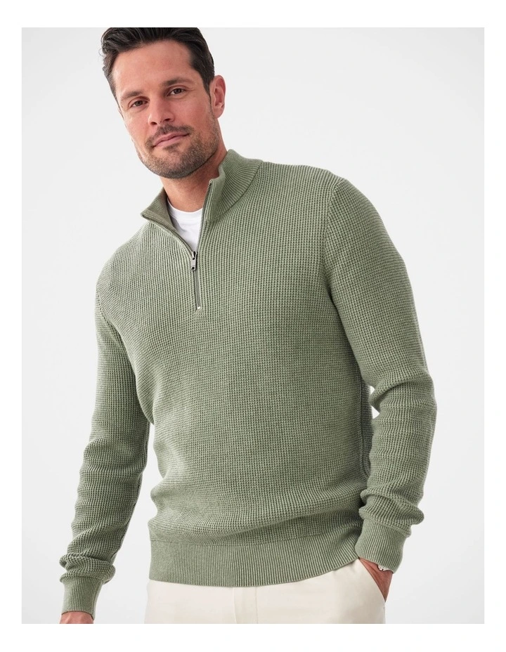 Cotton Waffle Half Zip Sweater in Sage image 3