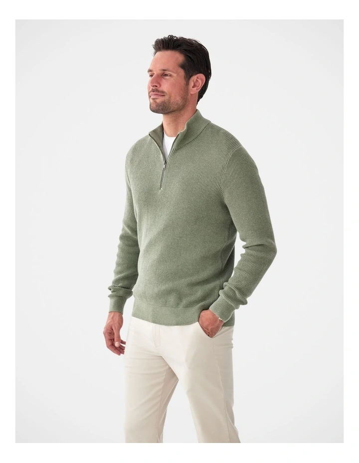 Cotton Waffle Half Zip Sweater in Sage image 4