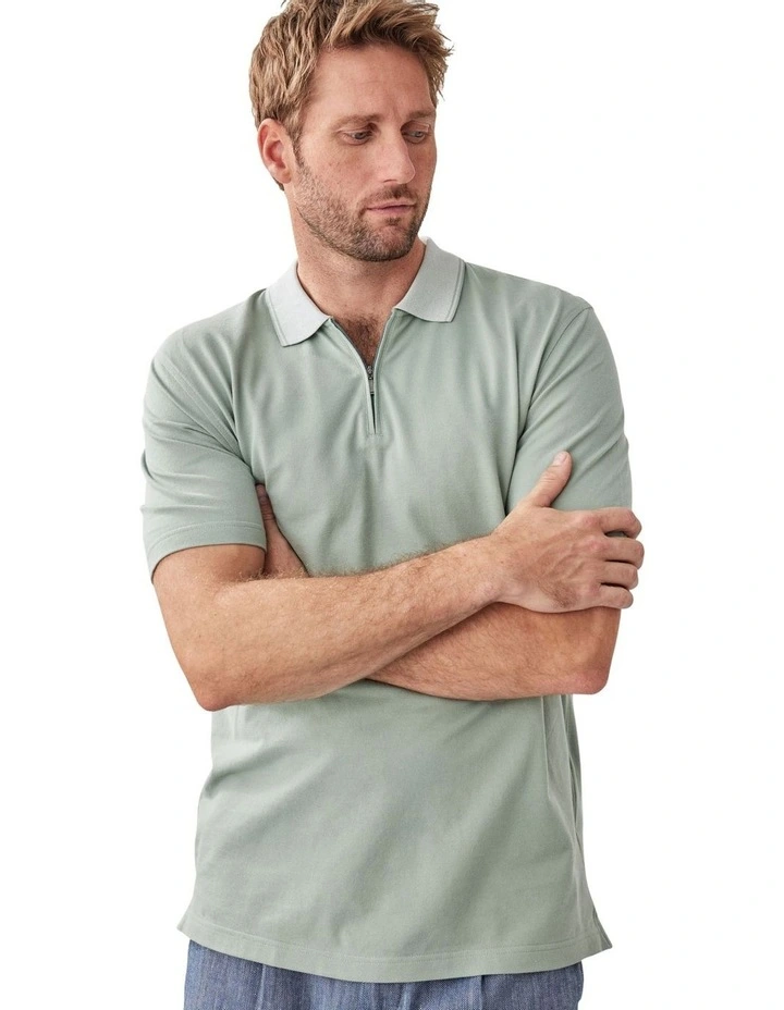 Oxford Zip Polo in Sage image 3