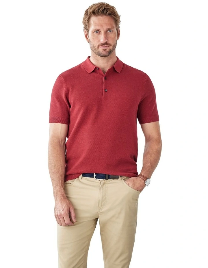 Textured Knit Polo in Red image 1