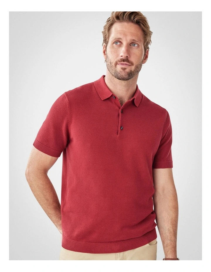 Textured Knit Polo in Red image 3