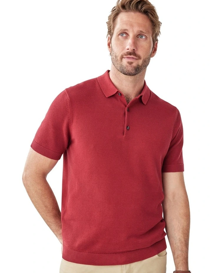 Textured Knit Polo in Red image 3