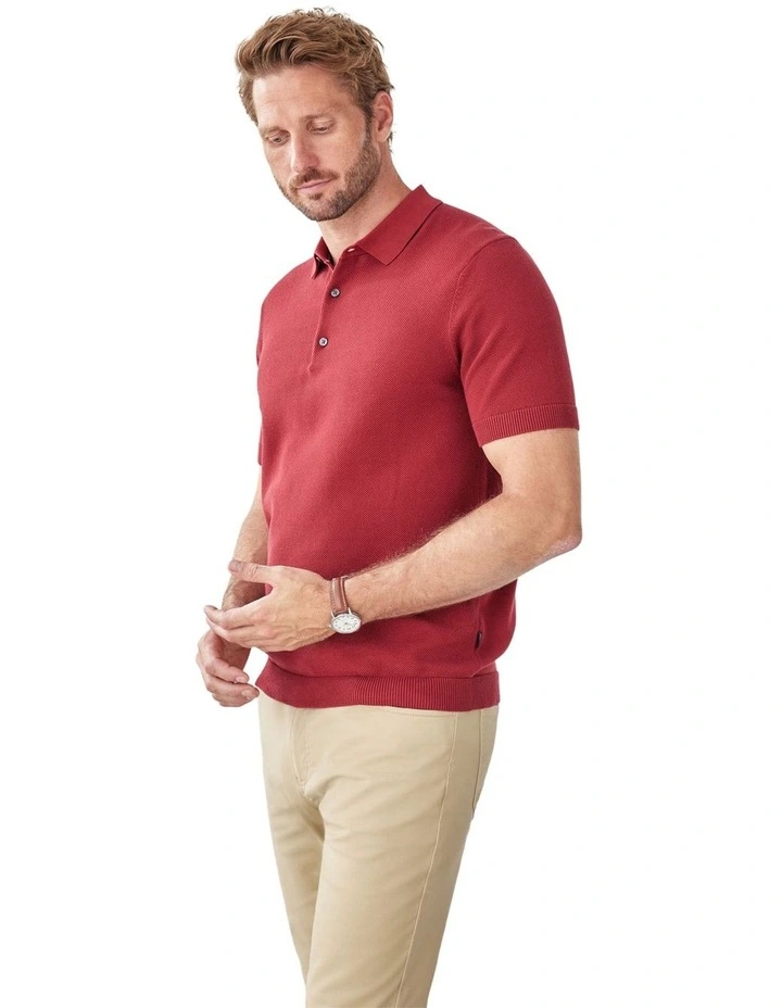 Textured Knit Polo in Red image 4