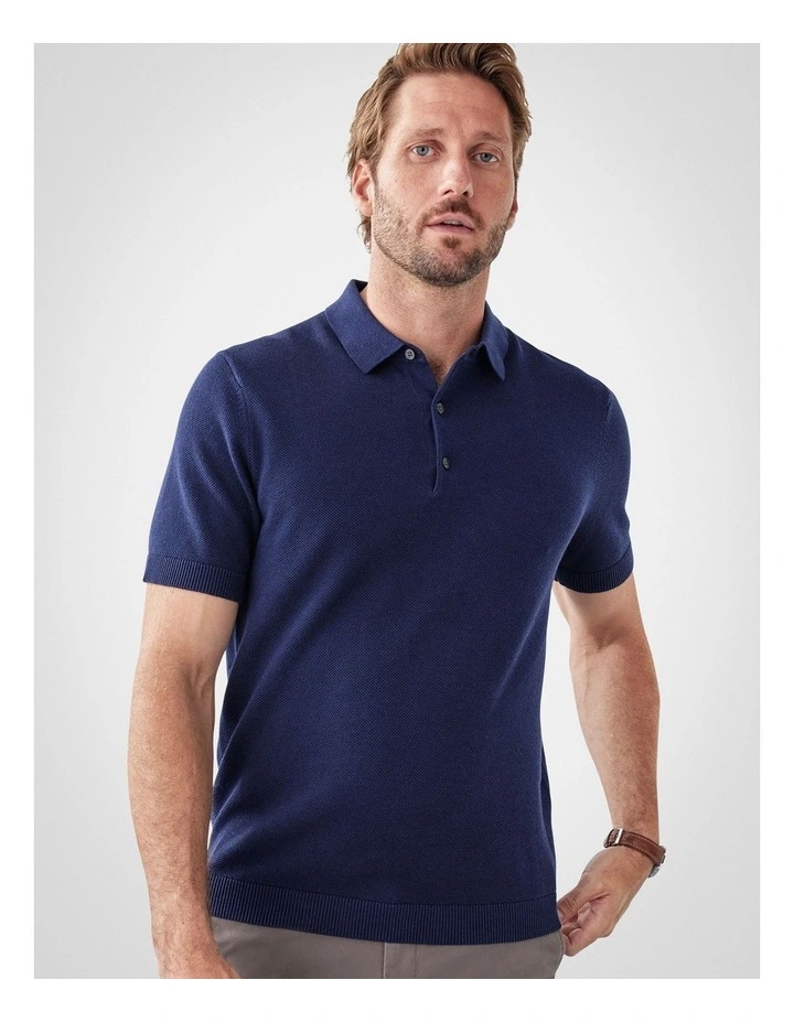Textured Knit Polo in Denim image 3