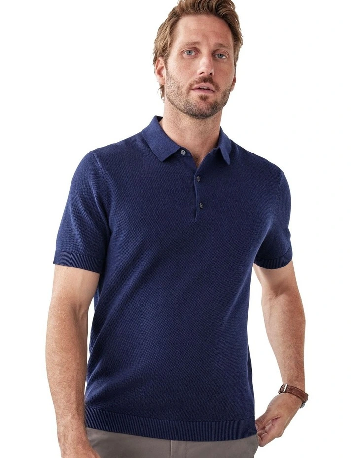 Textured Knit Polo in Denim image 3