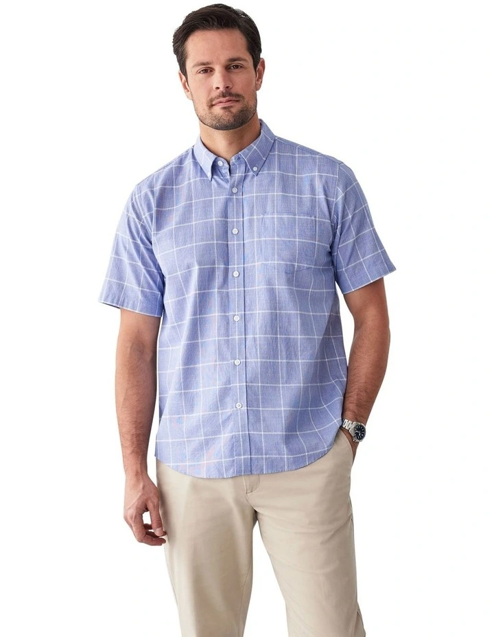 Casual Slub Check Short Sleeve Shirt in Blue image 1