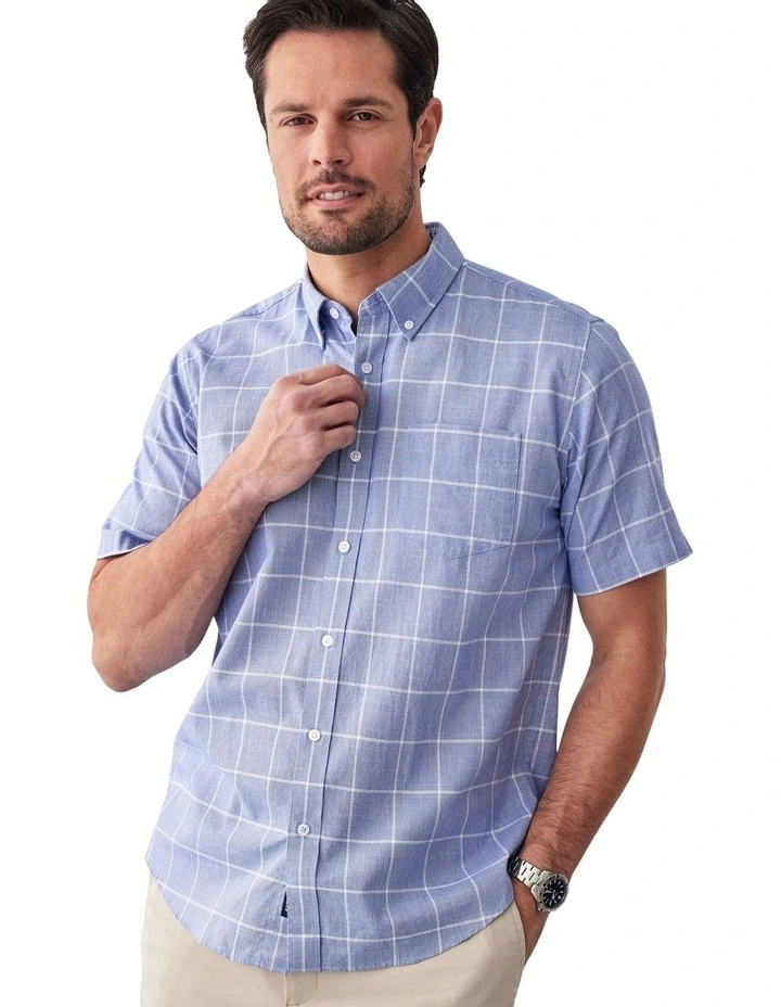 Casual Slub Check Short Sleeve Shirt in Blue image 3