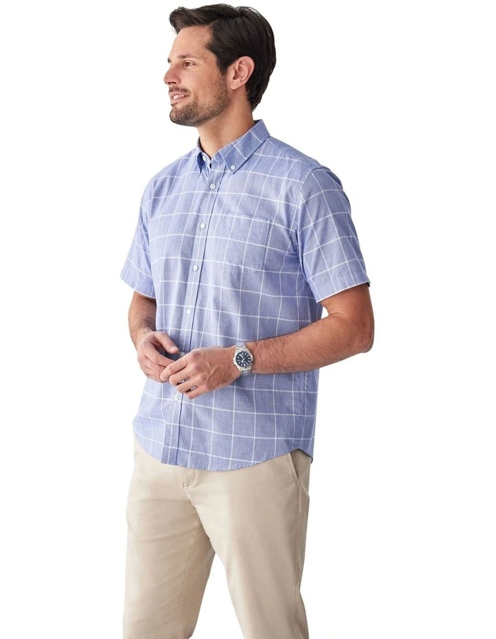 Casual Slub Check Short Sleeve Shirt in Blue image 4