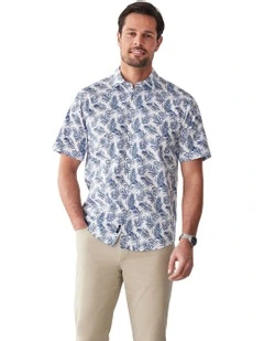 Casual Palm Print Short Sleeve Shirt in White