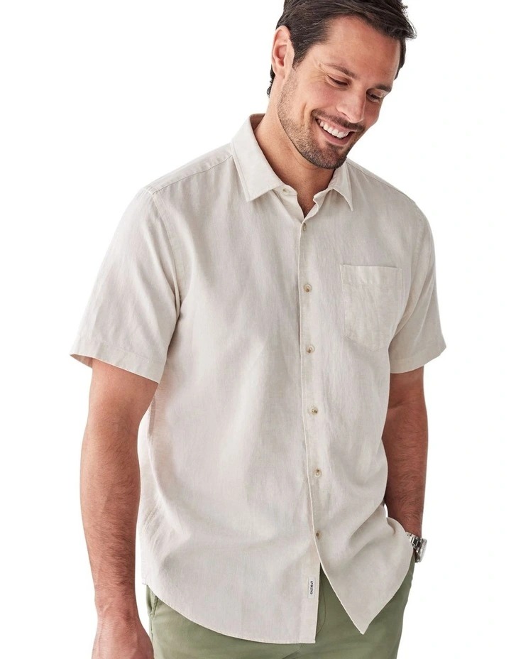 Linen Blend Plain Short Sleeve Shirt in Natural image 1