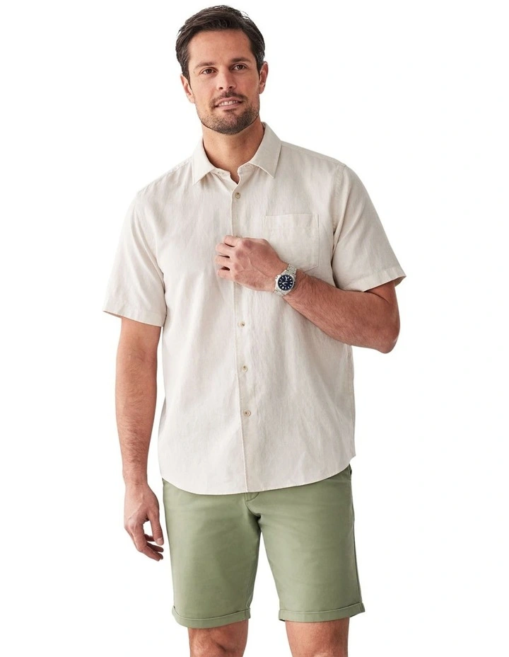 Linen Blend Plain Short Sleeve Shirt in Natural image 3