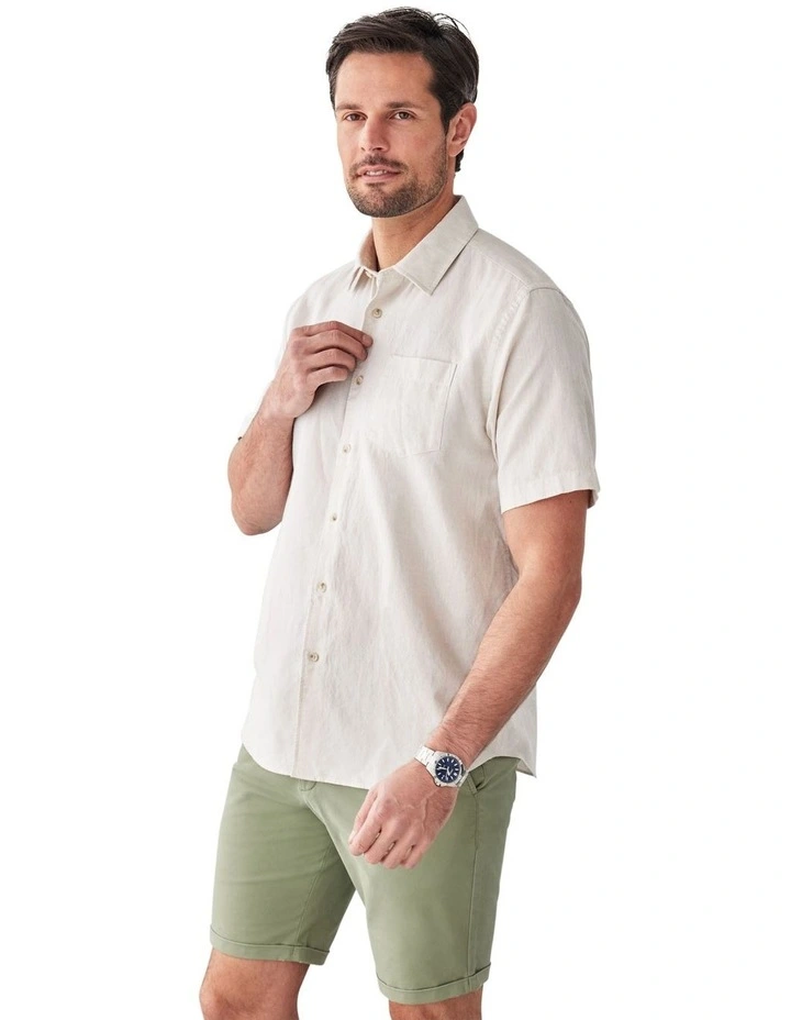 Linen Blend Plain Short Sleeve Shirt in Natural image 4