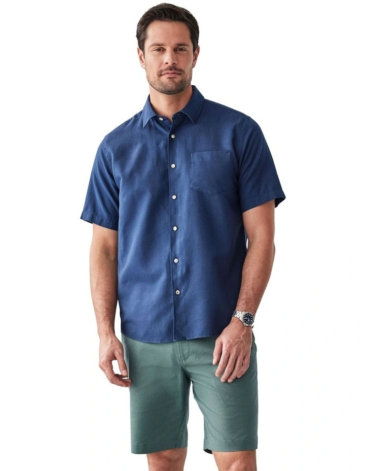 Linen Blend Plain Short Sleeve Shirt in Navy image 1