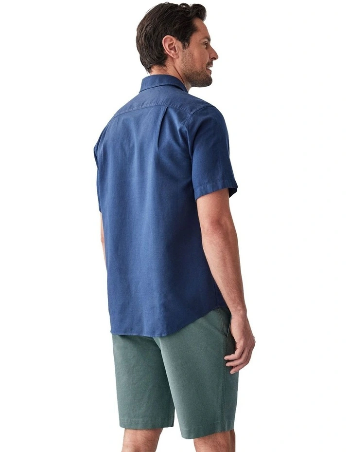 Linen Blend Plain Short Sleeve Shirt in Navy image 2