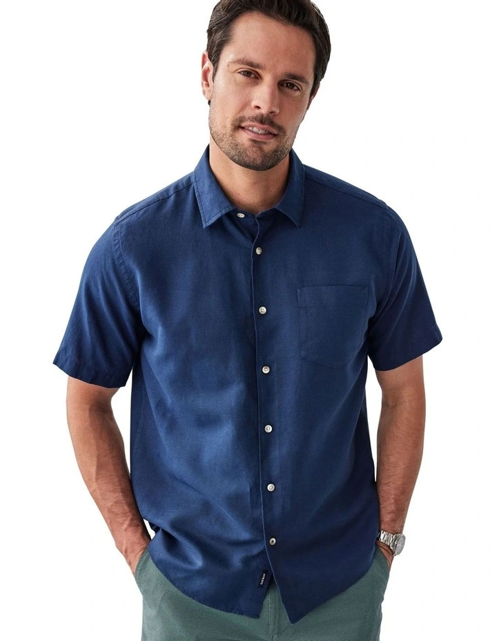 Linen Blend Plain Short Sleeve Shirt in Navy image 3